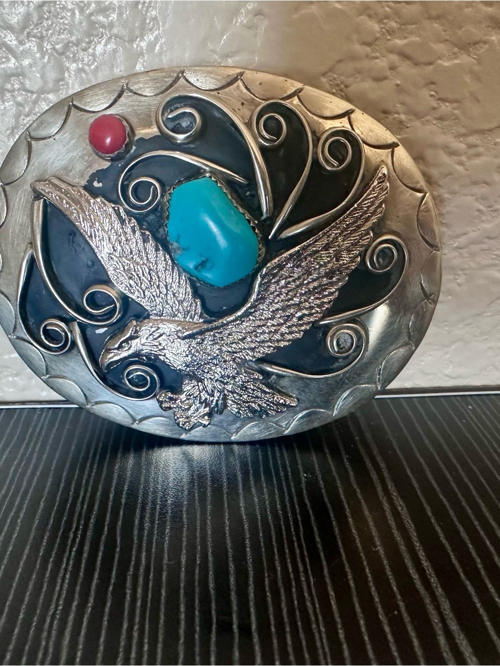 Vintage Silver Southwestern Style Eagle Belt Buckle W/ Turquoise & Coral Stones